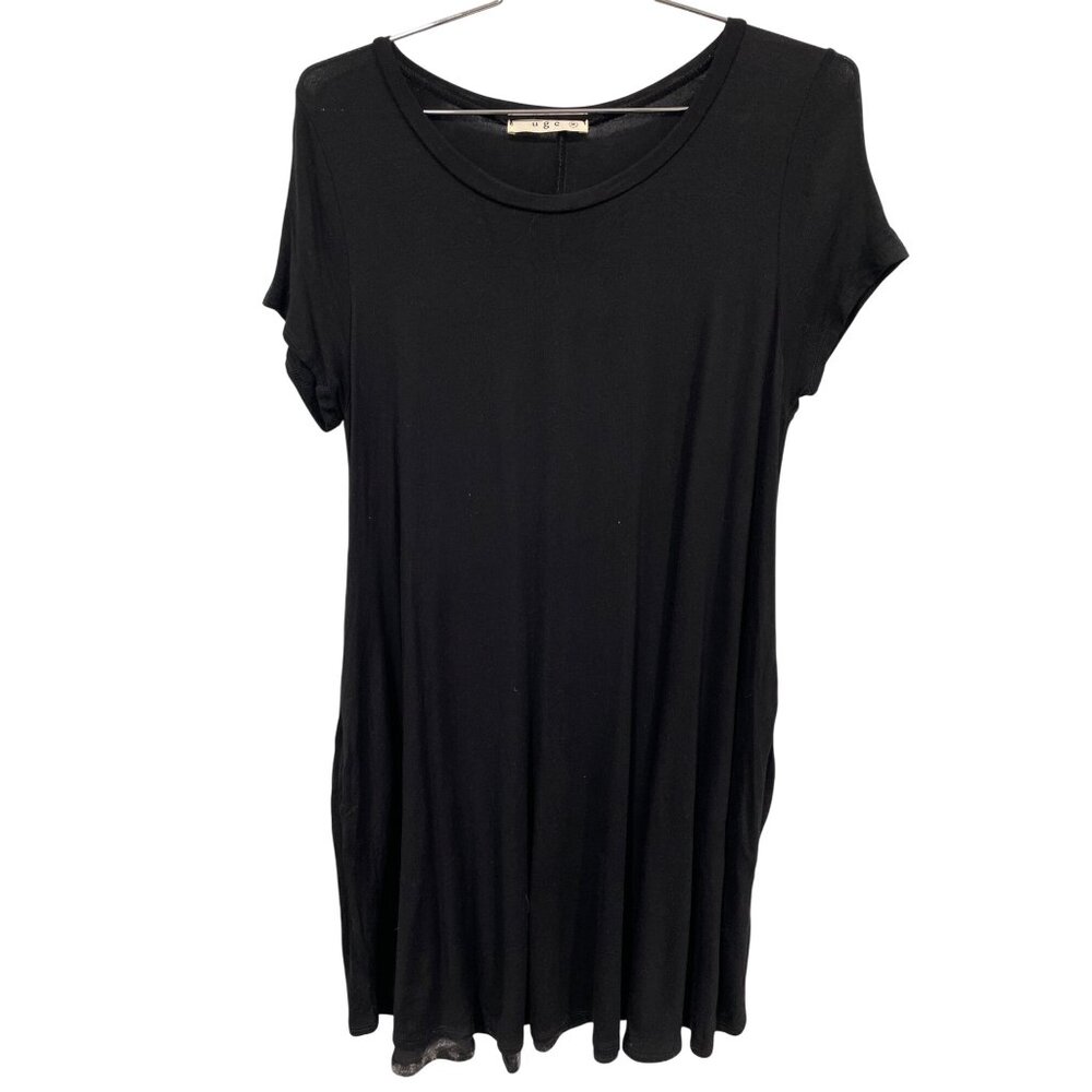 Uge Short Sleeve Shirt Dress Size Medium A Line Travel Solid Black Rayon Stretch